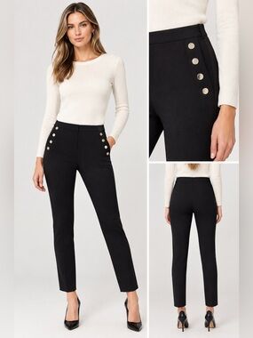 NWOT 10 Crosby Derek Lam Black Slim Straight Dress Pants Gold Buttons, Size 12